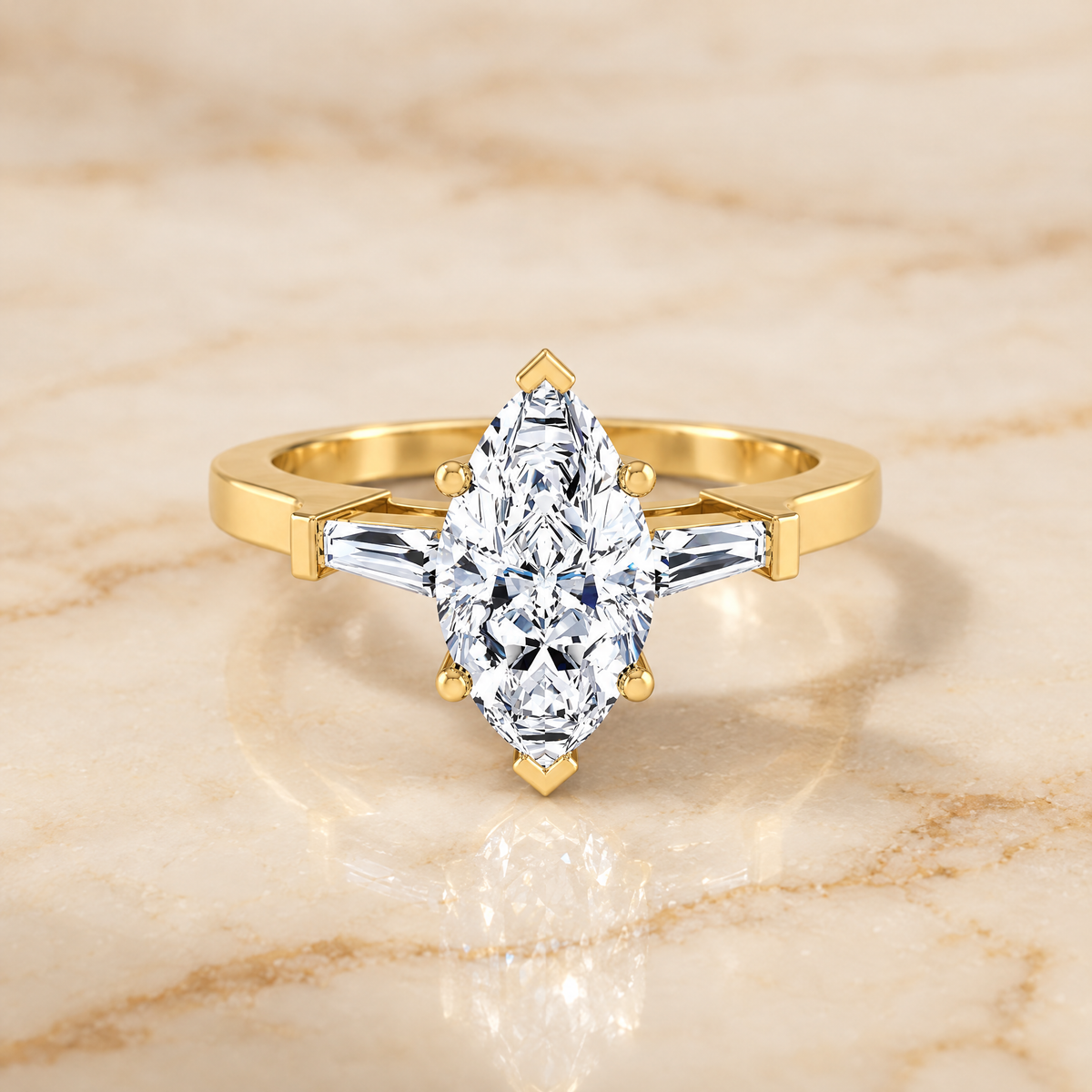 Marquise engagement ring setting in 18K Yellow Gold, June Three Stone Marquise | RockHer