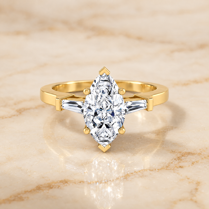 Marquise engagement ring setting in 18K Yellow Gold, June Three Stone Marquise | RockHer