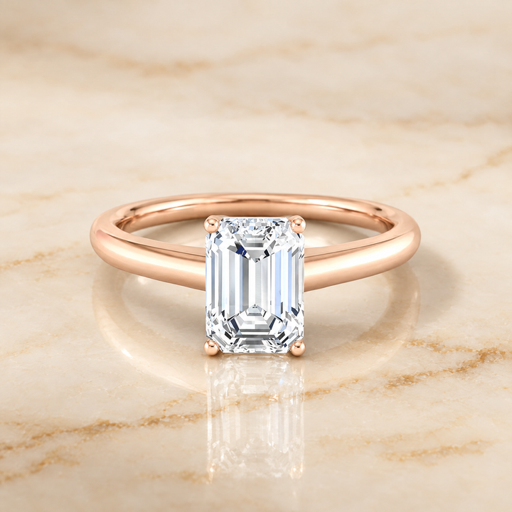 The Viola Contemporary Comfort Fit Flat Shank Solitaire Emerald Cut Engagement Ring Setting in 14K Rose Gold