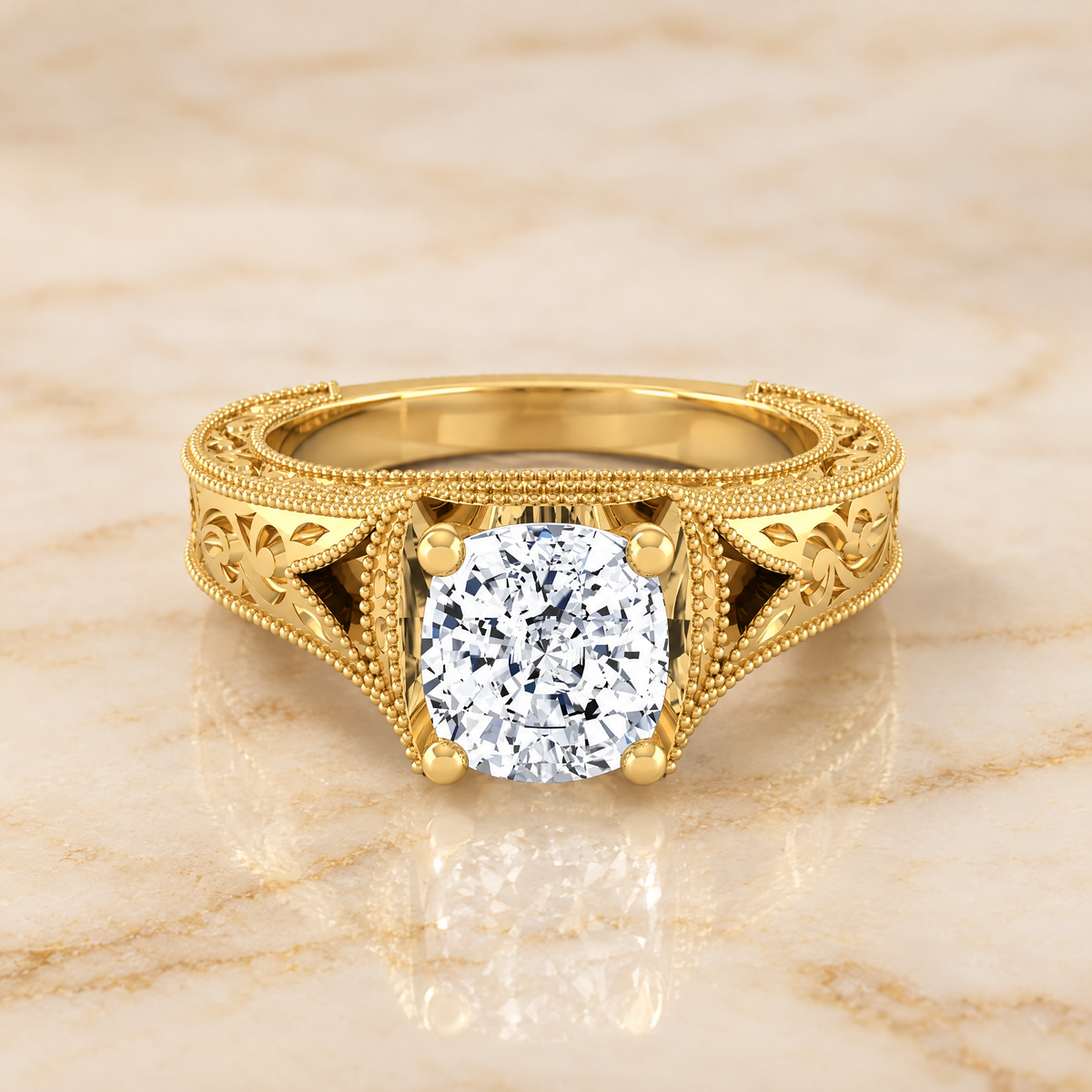 The Janis Hand Engraved Milgrain Vintage Solitaire Cushion Cut Engagement Ring Setting in 18K Yellow Gold
