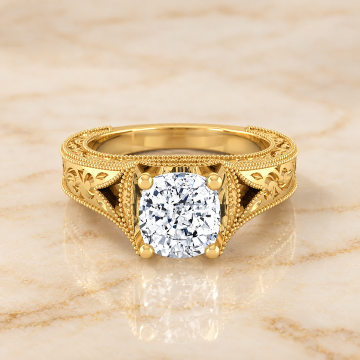 The Janis Hand Engraved Milgrain Vintage Solitaire Cushion Cut Engagement Ring Setting in 18K Yellow Gold