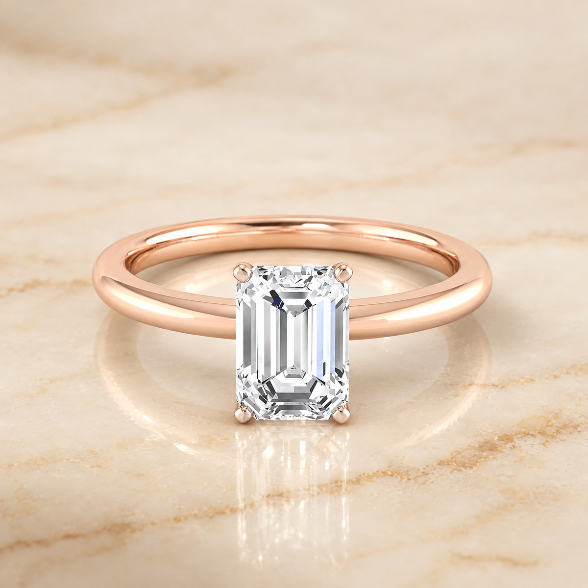 The Floria Comfort Fit Claw Prong Solitaire Emerald Cut Engagement Ring Setting in 14K Rose Gold