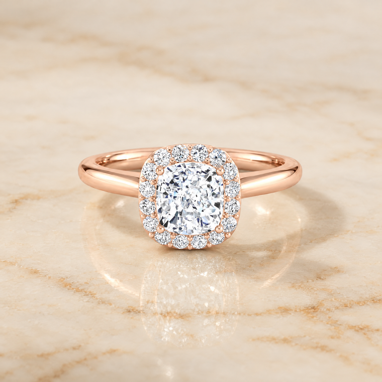 The Etta Classic Shared Prong Halo Cushion Cut Engagement Ring Setting in 14K Rose Gold