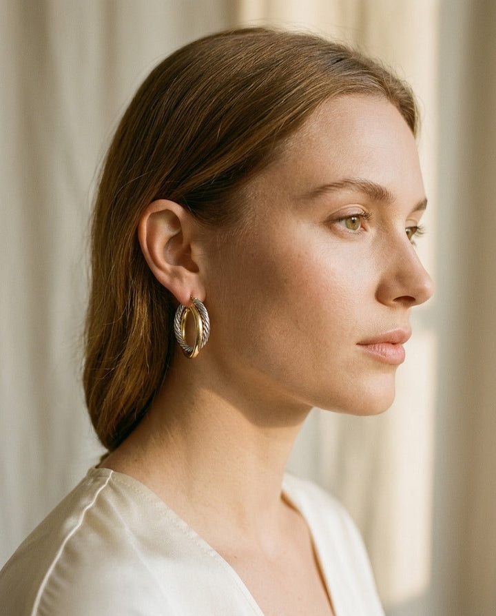 14K Two-Tone Gold Ribbed Hoop Earrings | RockHer