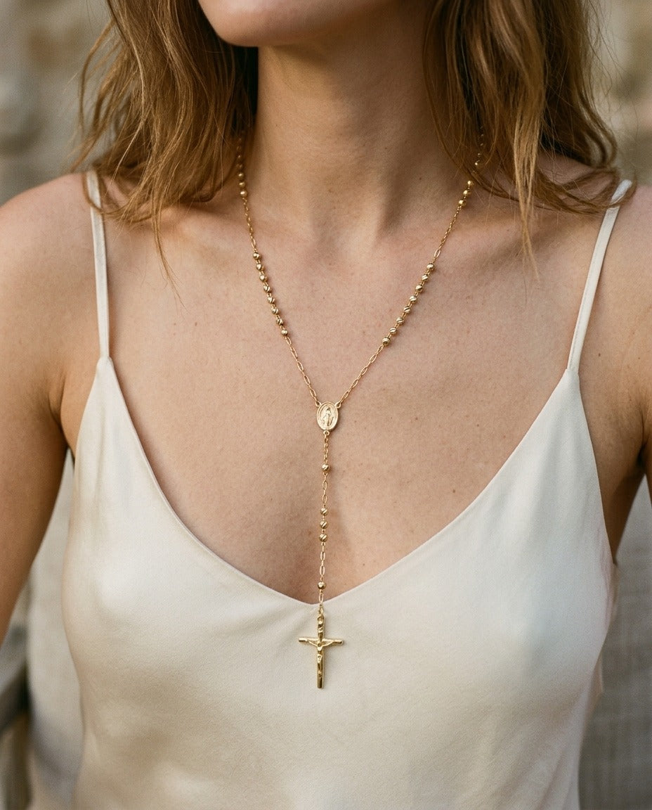14K Yellow Gold Beaded Station Chain with Cross, 26 Inch – on chain | RockHer