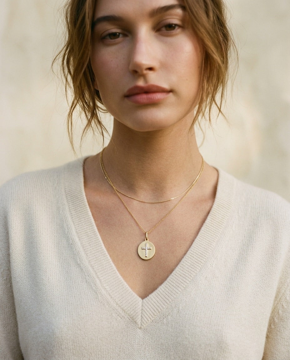 14K Yellow Gold Round Medal with Cross Necklace, 17.5 Inch | RockHer