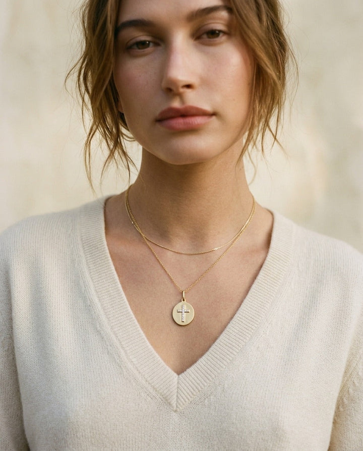 14K Yellow Gold Round Medal with Cross Necklace, 17.5 Inch | RockHer