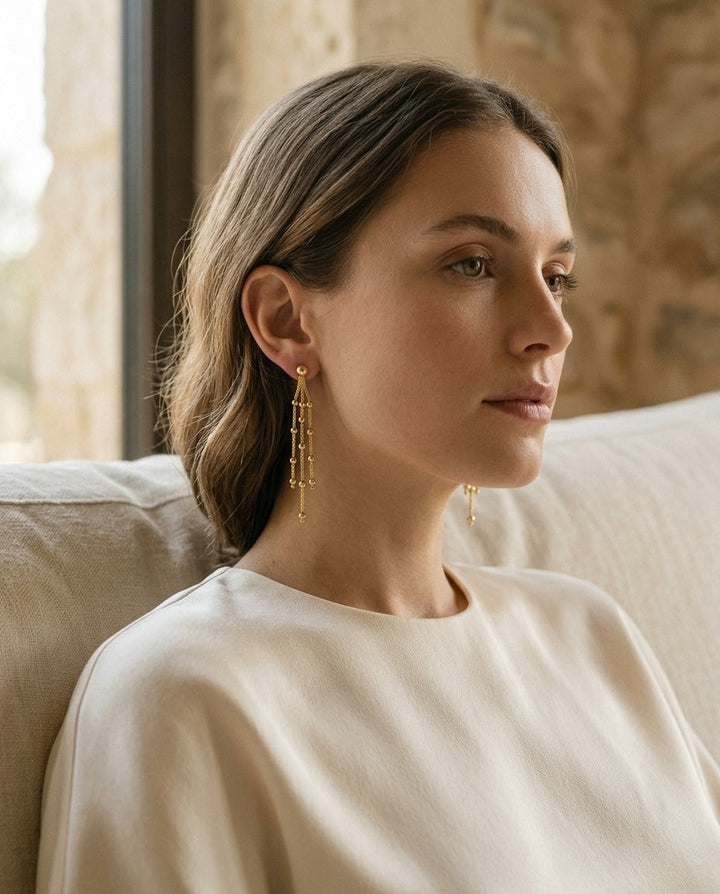 14K Yellow Gold Multi-Strand Beaded Drop Earrings | RockHer