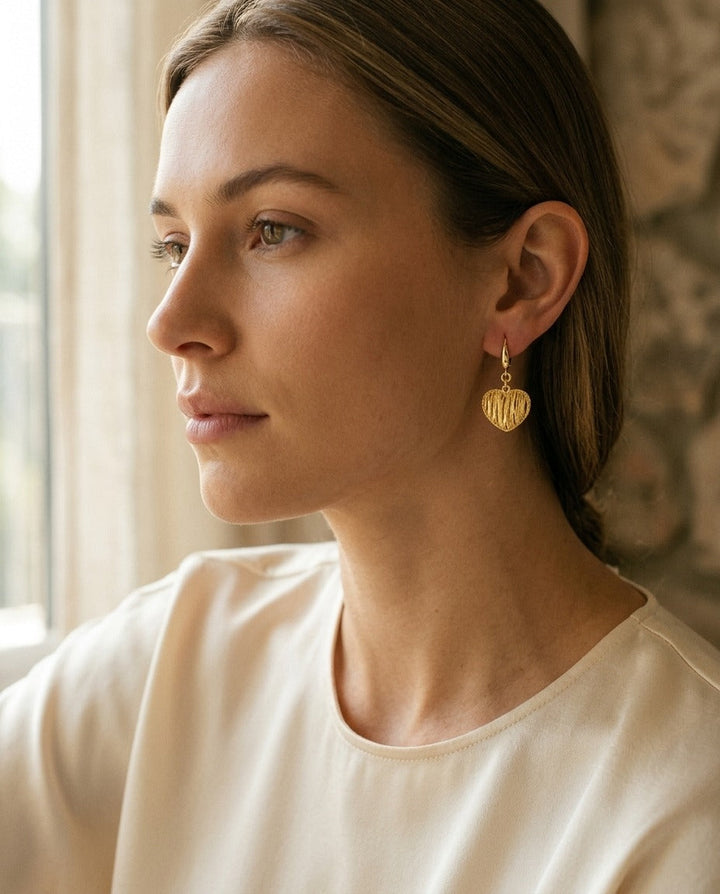 14K Yellow Gold Textured Heart Drop Earrings | RockHer