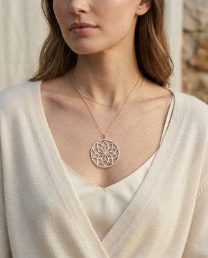 Diamond Snowflake Pendant With Circular Frame in 14k Yellow Gold 0.30ctw, 16-18 Inch Adjustable Rolo Chain – on chain | RockHer