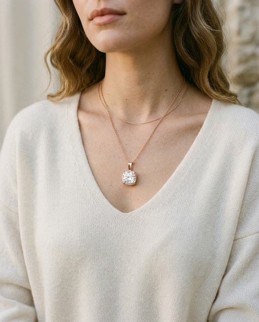 Lab Grown Cushion Solitaire Diamond Pendant, 3 ct. | 14K Rose Gold | 4-Prong