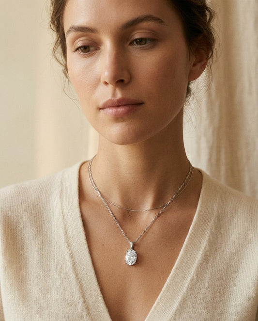 Lab Grown Oval Solitaire Diamond Pendant, 3/4 ct. | 14K White Gold | Fleur De Lis