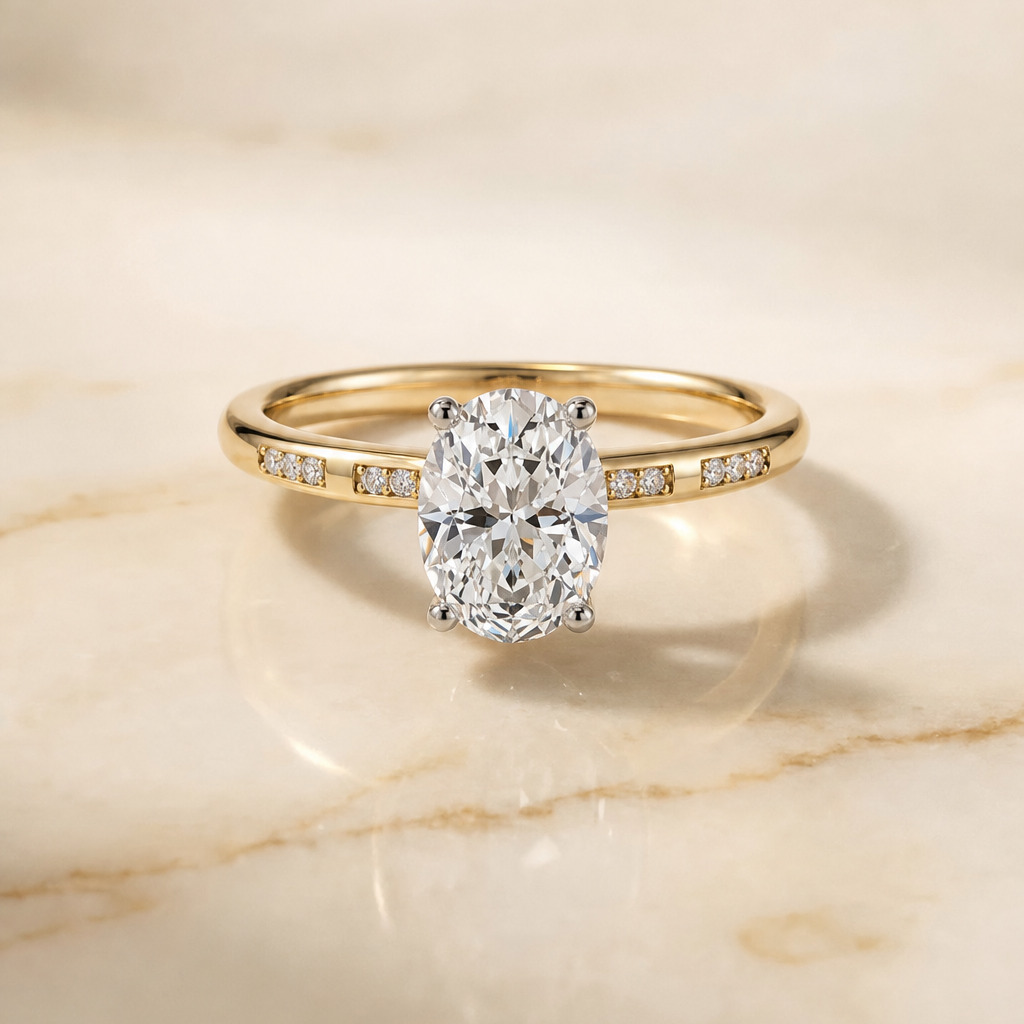 The Wanda Hidden Halo Pavé Solitaire Oval Engagement Ring Setting in 18K Yellow Gold