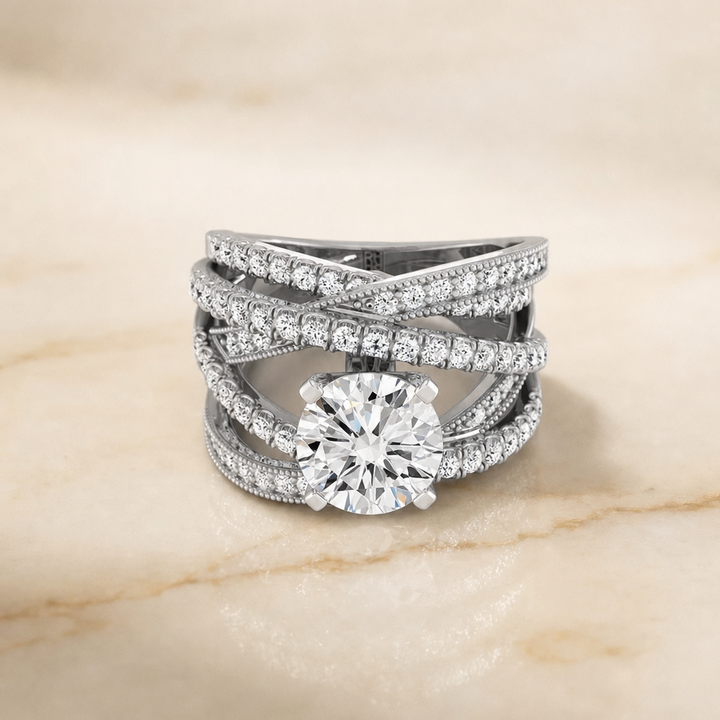 The Violetta Multi Layer Interweave Pavé Round Engagement Ring Setting in 18K White Gold