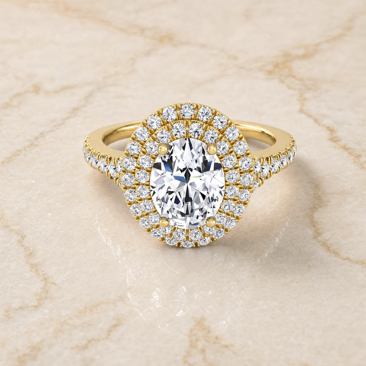 The Britney Double Halo Oval Engagement Ring Setting in 18K Yellow Gold