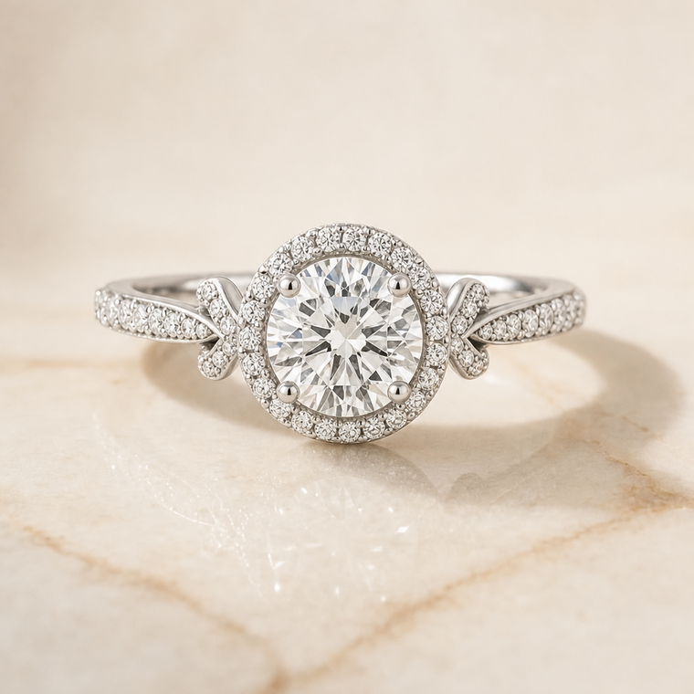 The Bess Select Love Knot Pavé Halo Round Lab Diamond Engagement Ring in Platinum