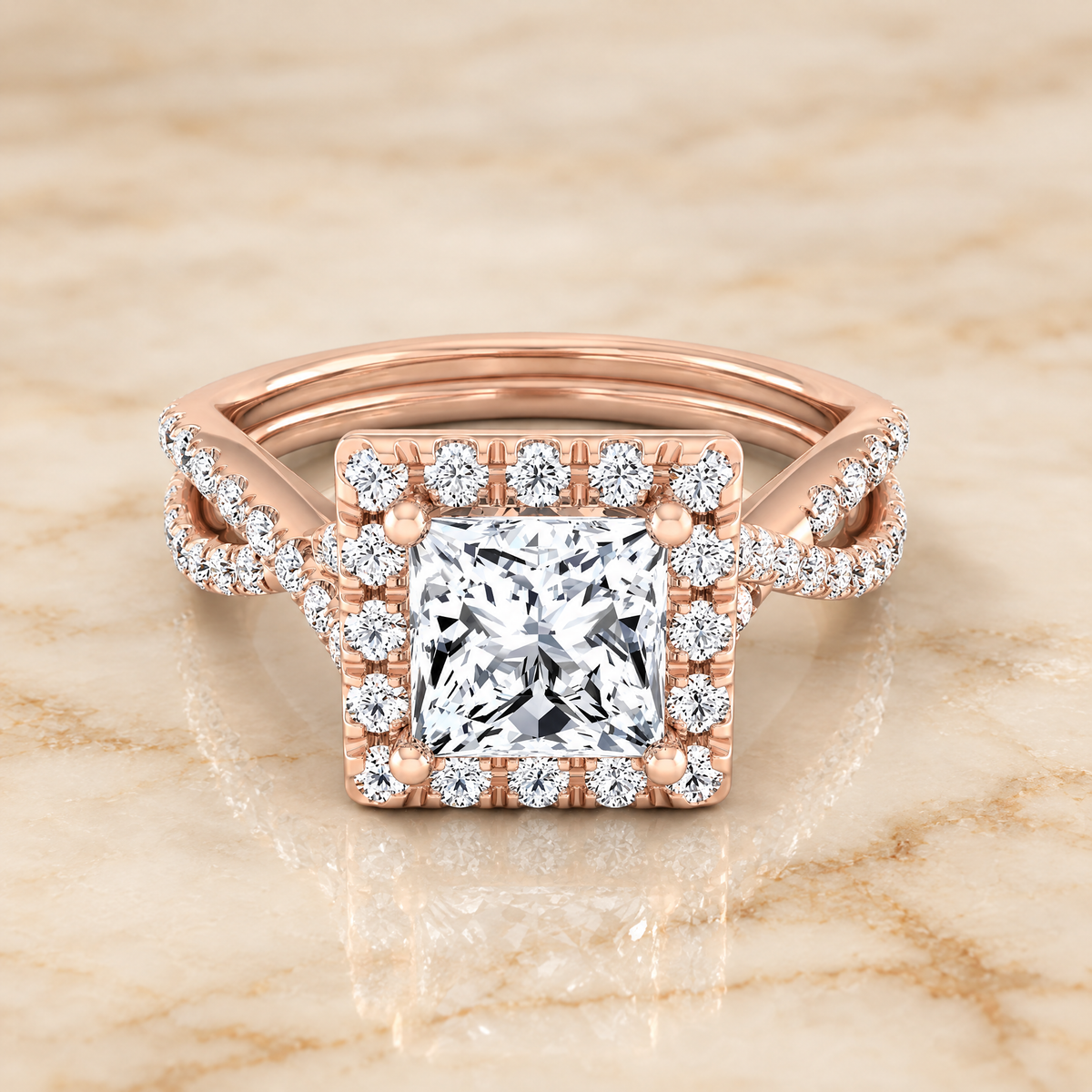 Princess engagement ring setting in 14K Rose Gold, Audra Twisted Scalloped Pavé Halo Princess Cut | RockHer