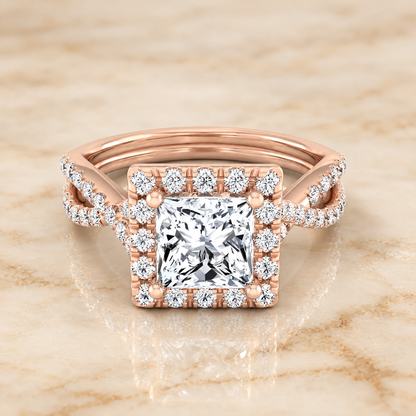 Princess engagement ring setting in 14K Rose Gold, Audra Twisted Scalloped Pavé Halo Princess Cut | RockHer