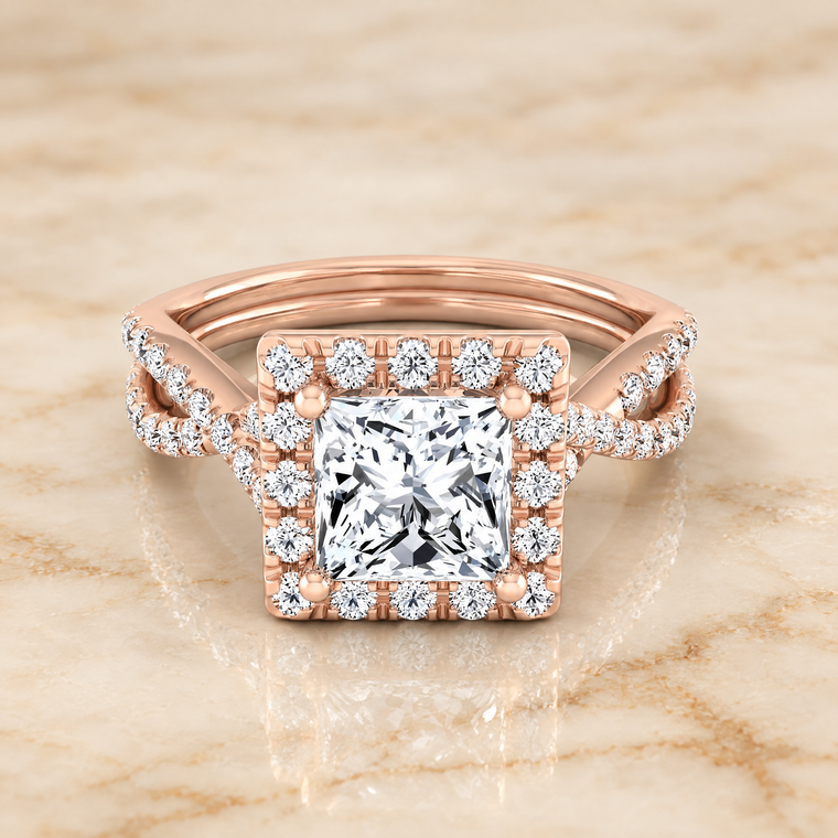 The Audra Twisted Scalloped Pavé Halo Princess Cut Engagement Ring Setting in 14K Rose Gold