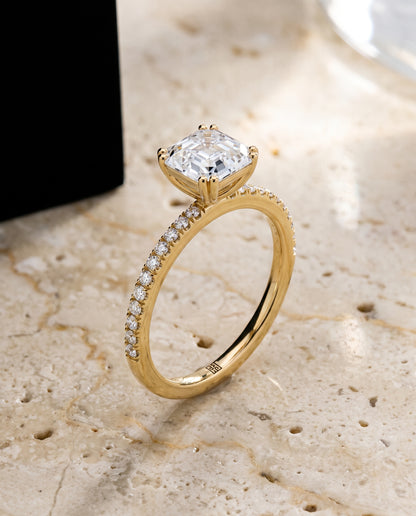 The Kelly Double Claw Prong French Pavé Asscher Cut Engagement Ring Setting in 18K Yellow Gold