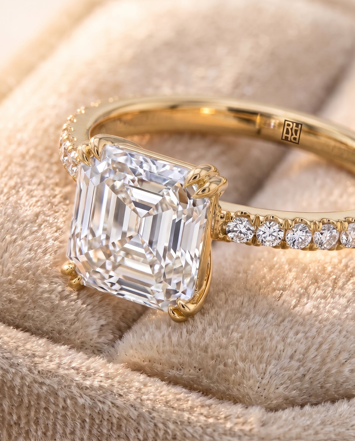 The Kelly Double Claw Prong French Pavé Asscher Cut Engagement Ring Setting in 18K Yellow Gold