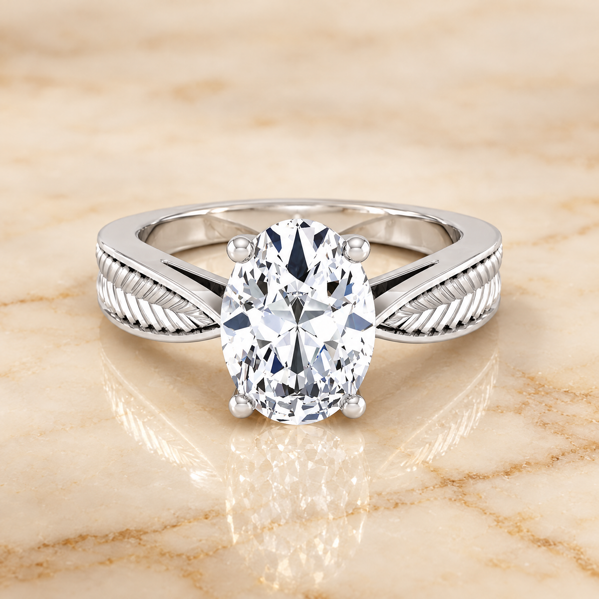 Oval engagement ring setting in Platinum, Roberta Vintage Leaf Pattern Solitaire Oval | RockHer
