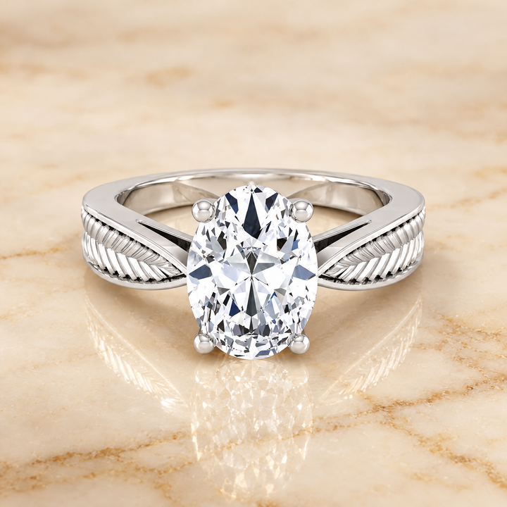 Oval engagement ring setting in Platinum, Roberta Vintage Leaf Pattern Solitaire Oval | RockHer