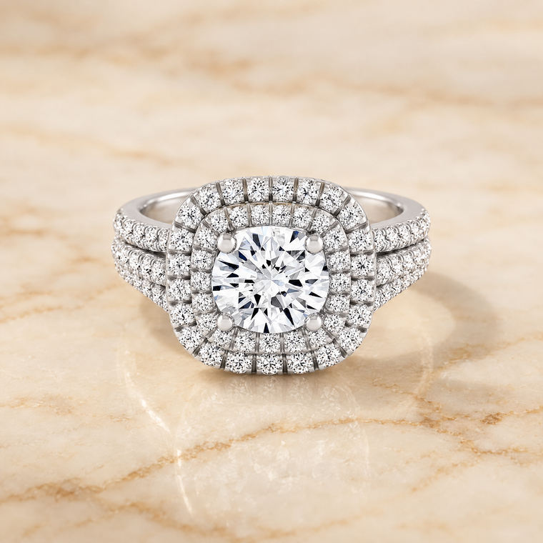 The Lyra Double Halo Round Engagement Ring Setting in 18K White Gold