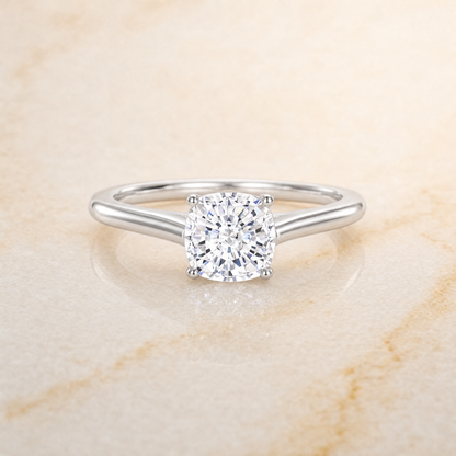 The Ellie Cathedral Comfort Fit Solitaire Cushion Cut Engagement Ring Setting in 18K White Gold
