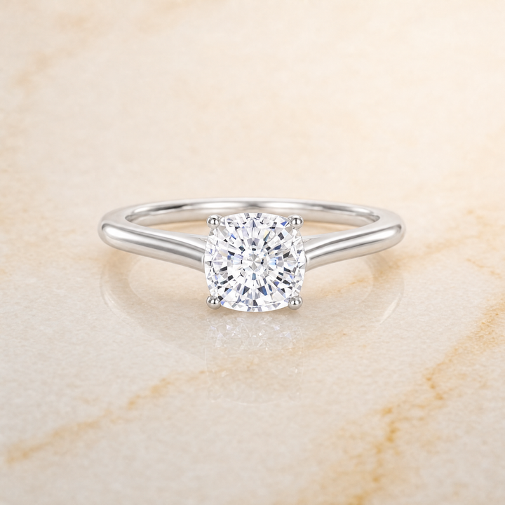 The Ellie Cathedral Comfort Fit Solitaire Cushion Cut Engagement Ring Setting in 18K White Gold