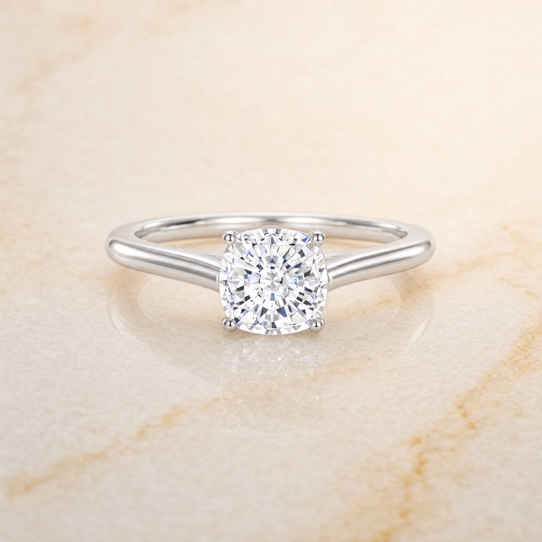 The Ellie Cathedral Comfort Fit Solitaire Cushion Cut Engagement Ring Setting in Platinum