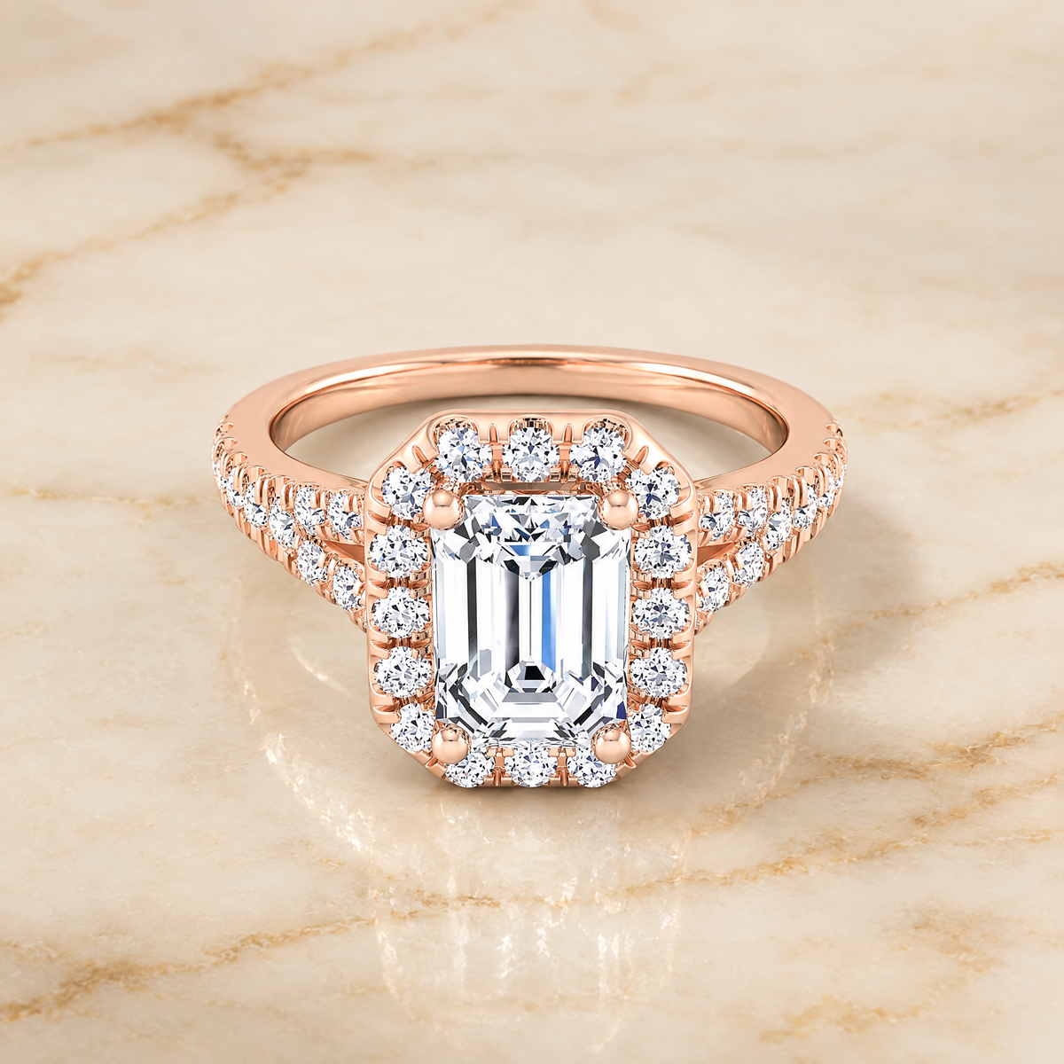The Calliope Petite Split Shank Halo Emerald Cut Engagement Ring Setting in 14K Rose Gold