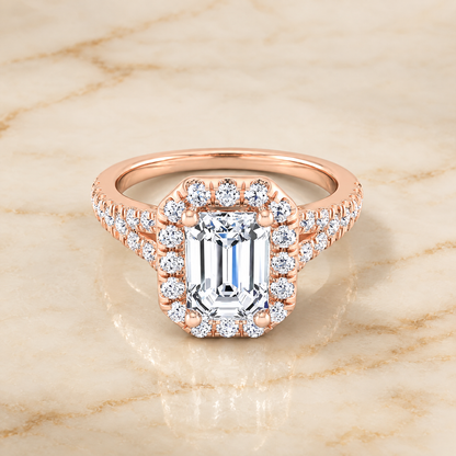 The Calliope Petite Split Shank Halo Emerald Cut Engagement Ring Setting in 14K Rose Gold
