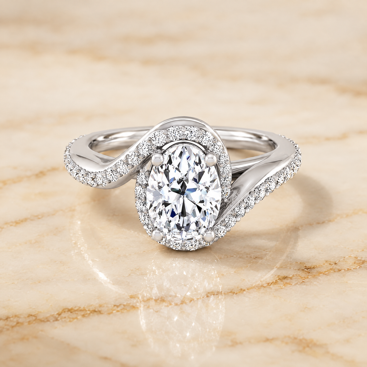 The Adelaide Pavé Swirl Halo Oval Engagement Ring Setting in Platinum