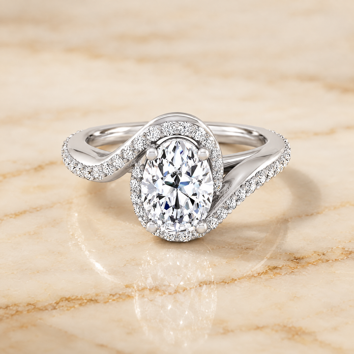 The Adelaide Pavé Swirl Halo Oval Engagement Ring Setting in Platinum