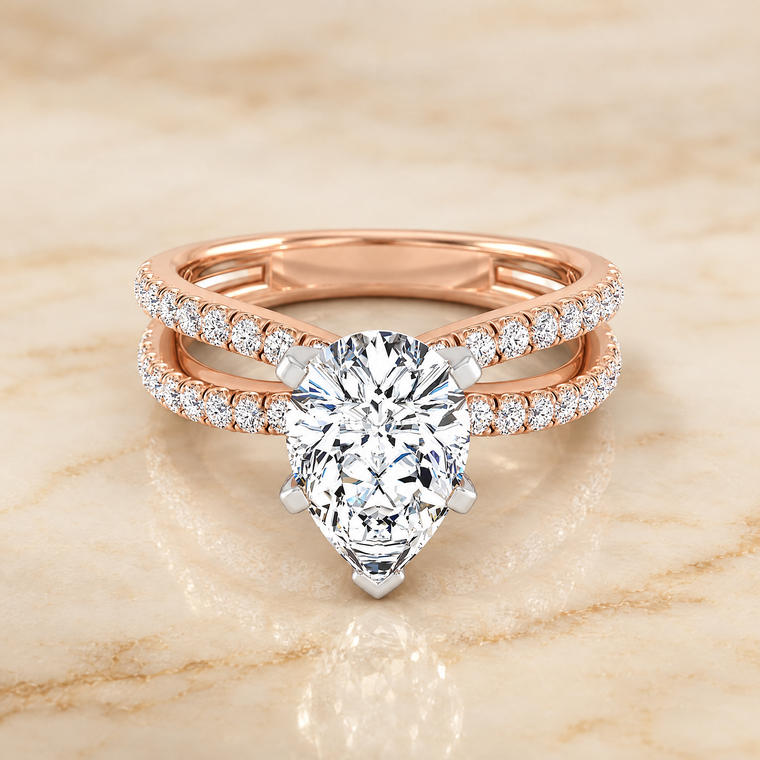 The Carole Two Row Pavé Split Shank Pear Engagement Ring Setting in 14K Rose Gold