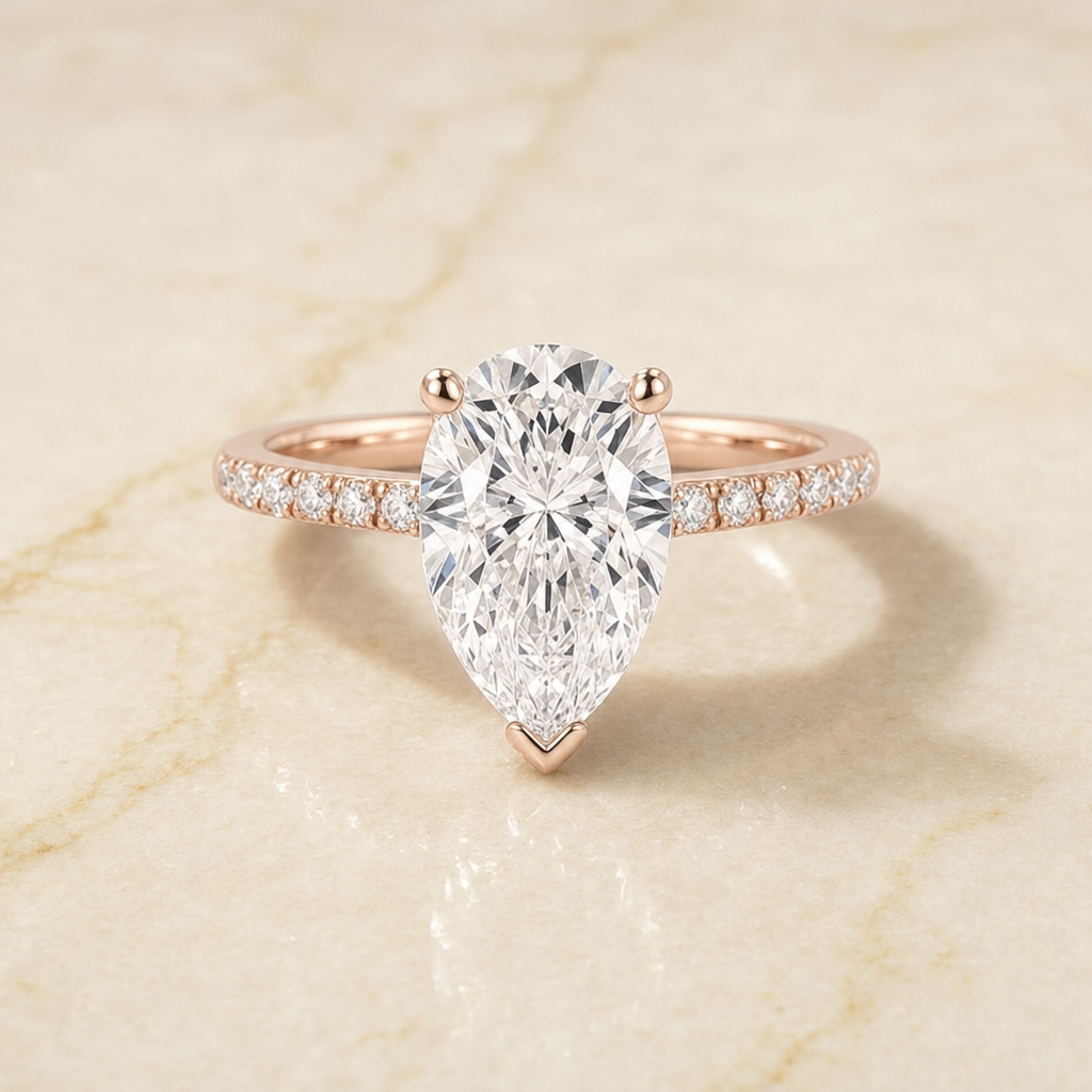 The Norah Classic Linear French Pavé Pear Engagement Ring Setting in 14K Rose Gold