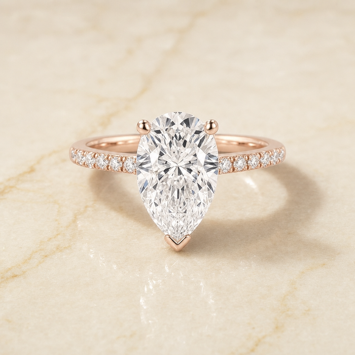 The Norah Classic Linear French Pavé Pear Engagement Ring Setting in 14K Rose Gold