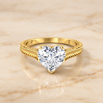 The Aida Hand Engraved Vintage Cathedral Solitaire Heart Engagement Ring Setting in 18K Yellow Gold