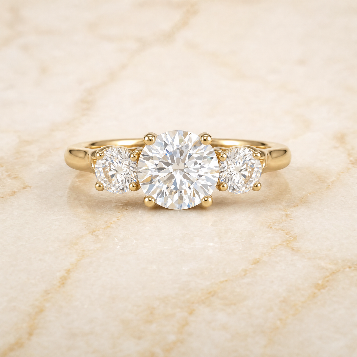 The Natalie Classic Three Stone Round Engagement Ring Setting in 18K Yellow Gold
