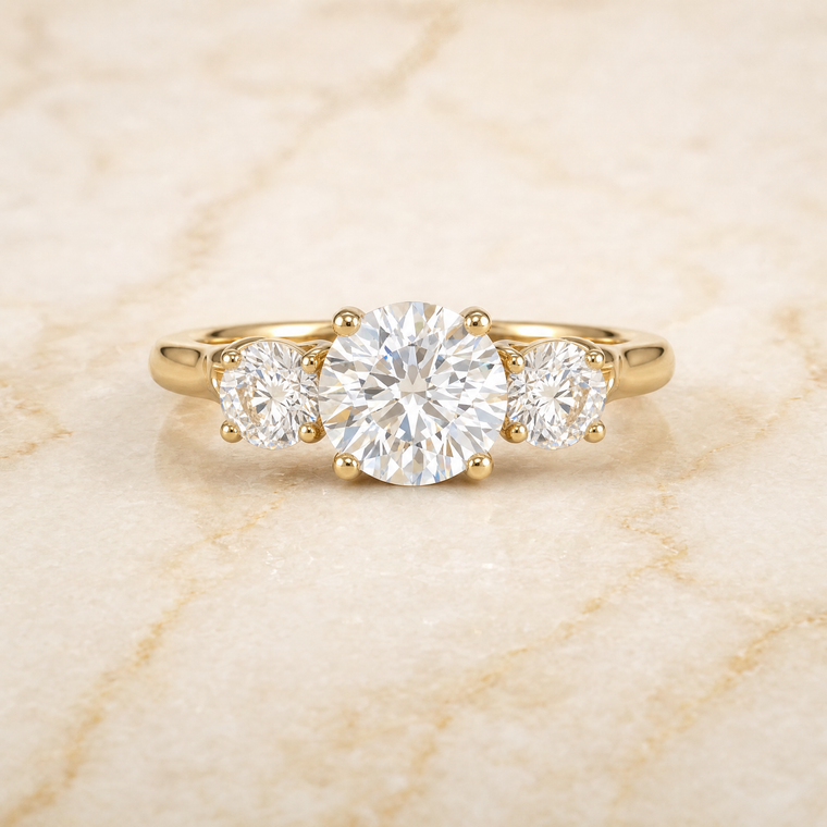 The Natalie Classic Three Stone Round Engagement Ring Setting in 18K Yellow Gold