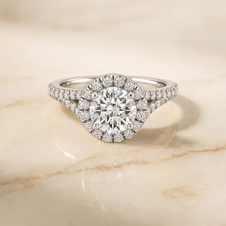 The Calliope Petite Split Shank Halo Round Engagement Ring Setting in Platinum