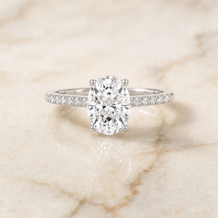 The Donna Cathedral French Pavé Solitaire Oval Engagement Ring Setting in Platinum