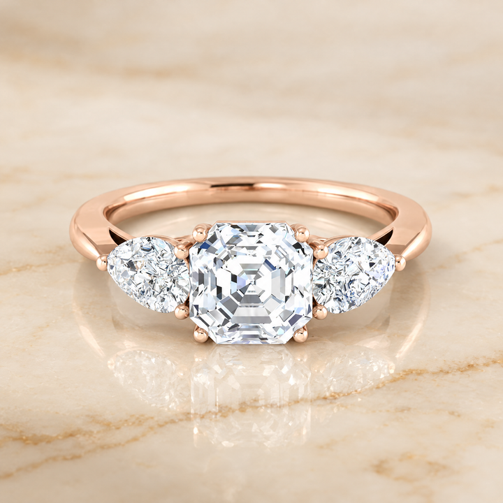 The Angelica Three Stone Matched Asscher Cut Engagement Ring Setting in 14K Rose Gold
