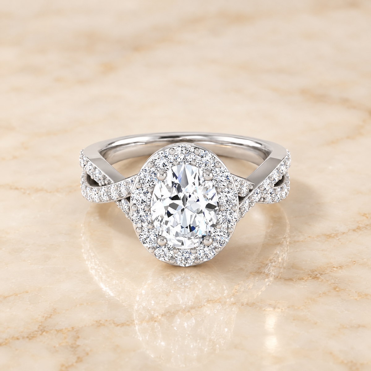 The Melody Twisted Lattice Halo Oval Engagement Ring Setting in Platinum