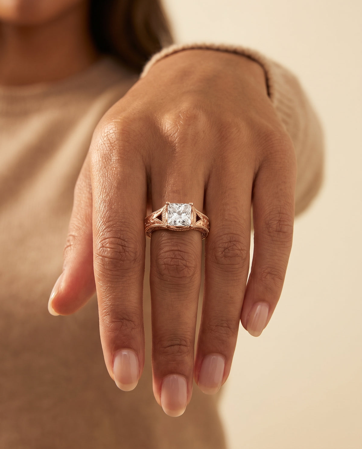 The Janis Hand Engraved Milgrain Vintage Solitaire Princess Cut Engagement Ring Setting in 14K Rose Gold