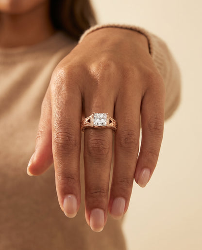 The Janis Hand Engraved Milgrain Vintage Solitaire Princess Cut Engagement Ring Setting in 14K Rose Gold