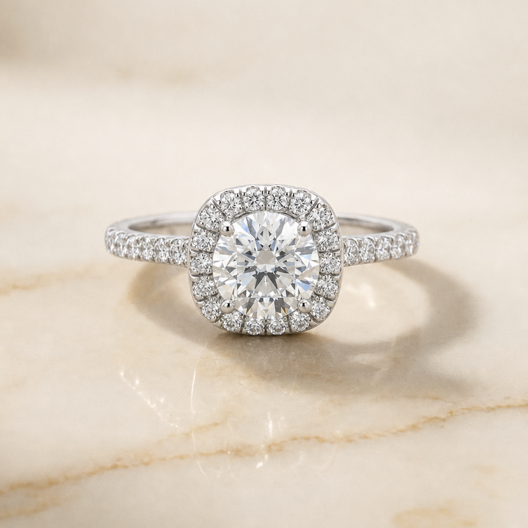 The Everly Select Pav Halo Round Lab Diamond Engagement Ring in Platinum