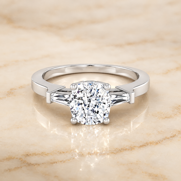 The June Three Stone Cushion Cut Engagement Ring Setting in Platinum