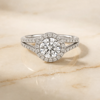 The Celine Two Row Pavé Split Shank Halo Round Engagement Ring Setting in 18K White Gold